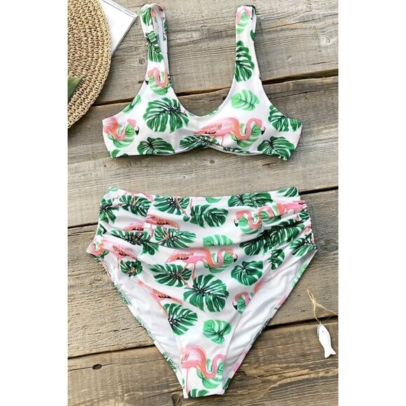 NEW White Green Flamingo Monstera Bikini Swim Set Size Small - Picture 1 of 10